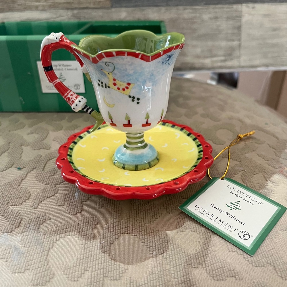 Dept 56 Lollysticks Kym Bowles Christmas Teacup Saucer Set Santa Reindeer